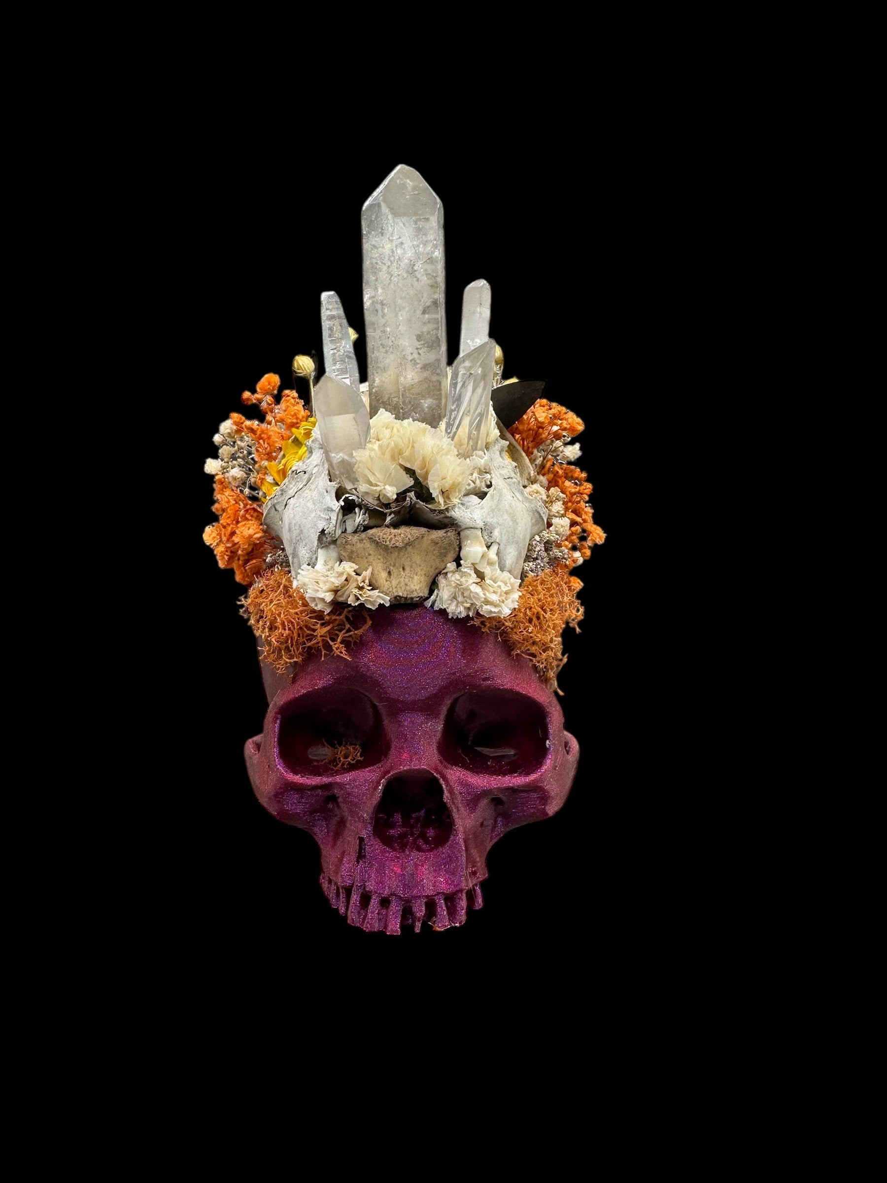 3D Printed Skull with Real Skull and Crystals